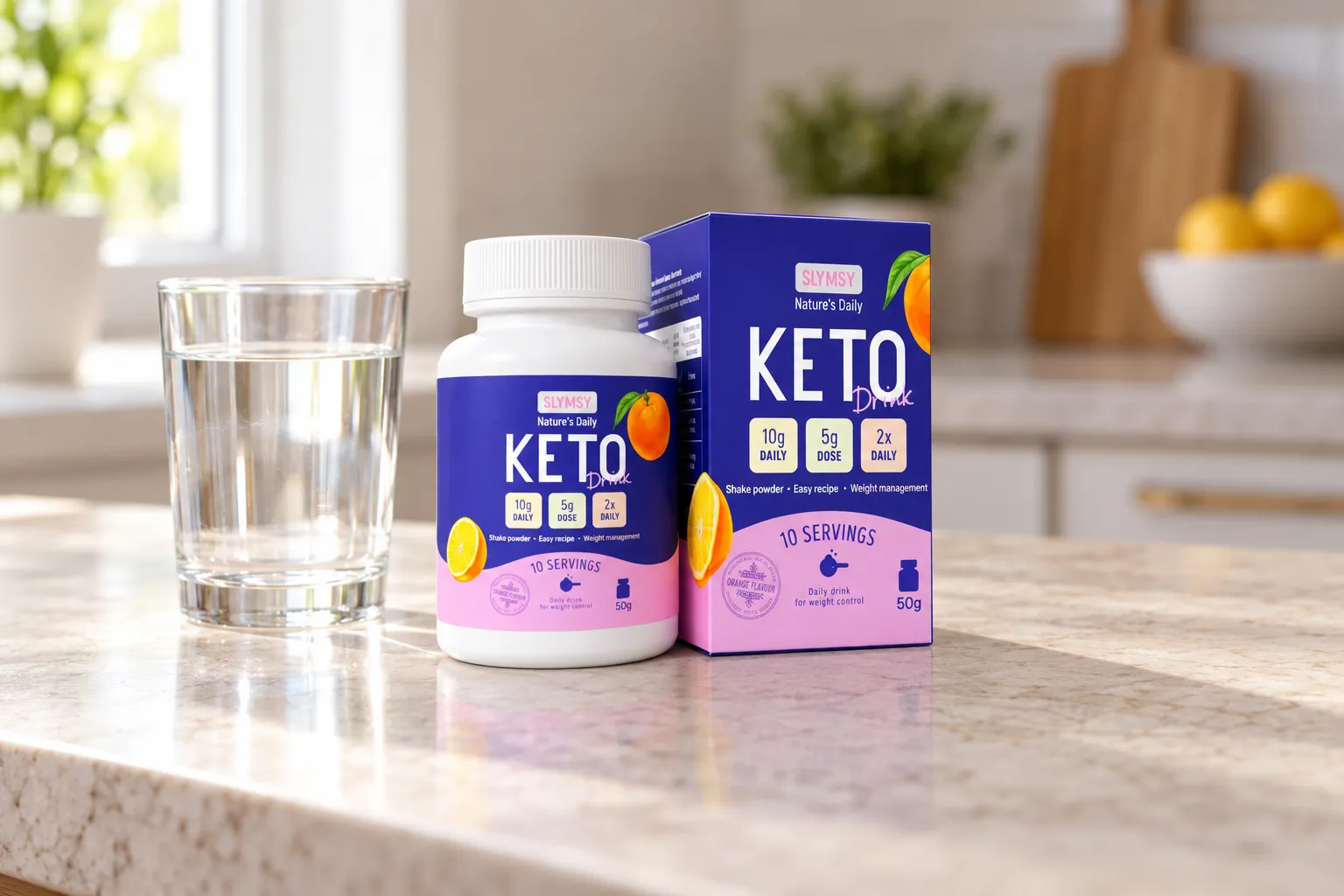 Slymsy Keto Drink — la confezione nella vita quotidiana